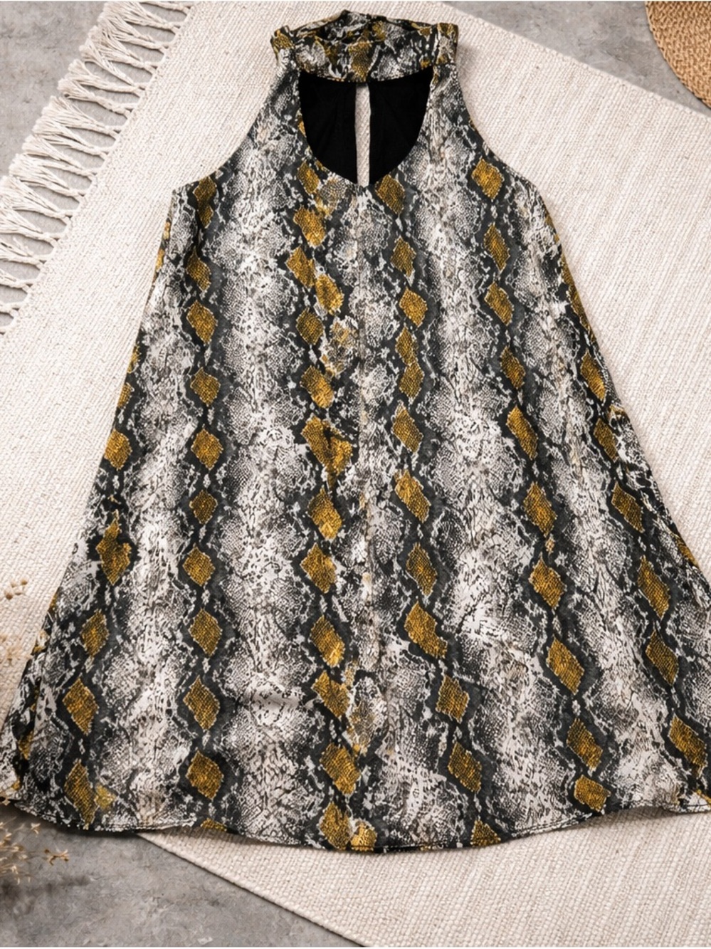 Impeccable pig Sleeveless Snake Print Shift Dress in Black, White & Mustard